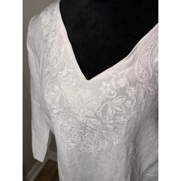 Saint Tropez White Embroidered Linen Tunic Top L Resort Vacation - Picture 2 of 4
